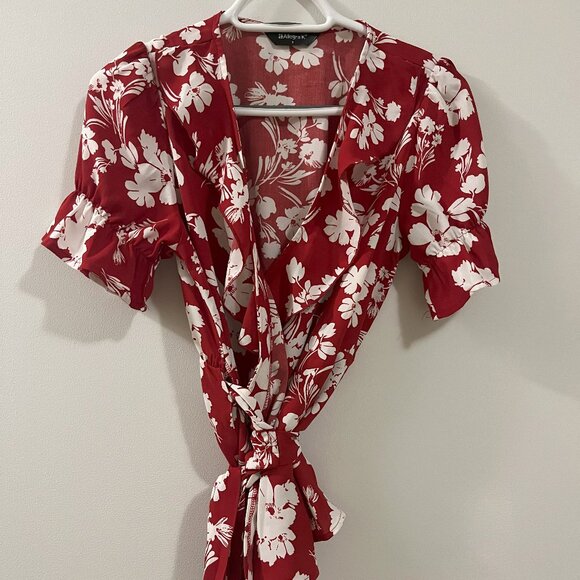 Allegra K Women's Tropical Print Blouse, Small, Red and White Patterned - Picture 4 of 10